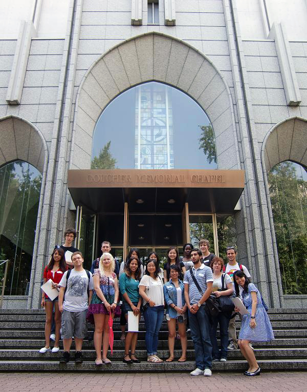 aoyama9 KCP students in front of the Goucher Memorial Chapel