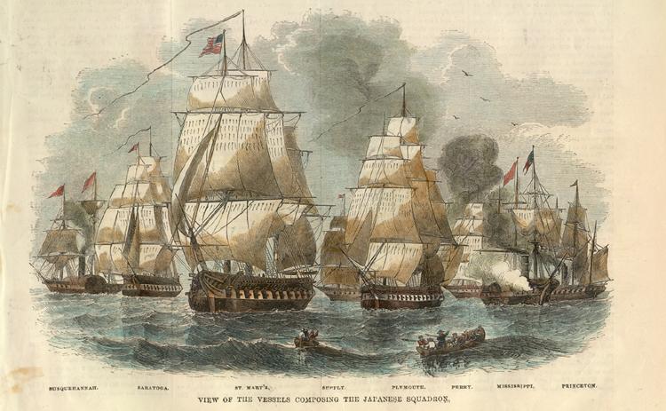 Commodore Perry's second fleet. "Susquehannah, Saratoga, Saint Mary's, Supply, Plymouth, Perry, Mississippi, Princeton-View of the vessels composing the Japanese squadron"
