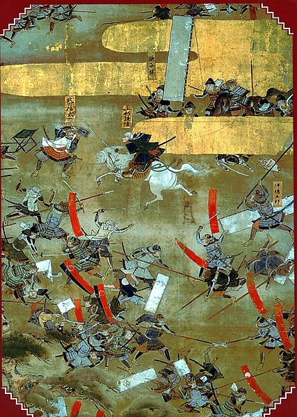 Japanese painting depicting a battle during the Sengoku period.