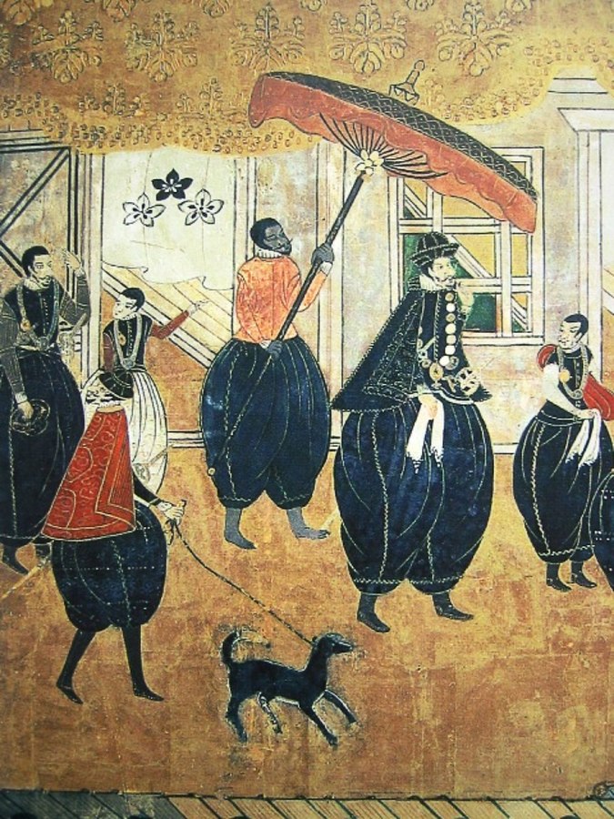 Japanese painting depicting a group of Portuguese Nanban foreigners who arrived in Japan (17th century). People from Africa were shipmates, slaves or servants on Portuguese ships during the Nanban trade.