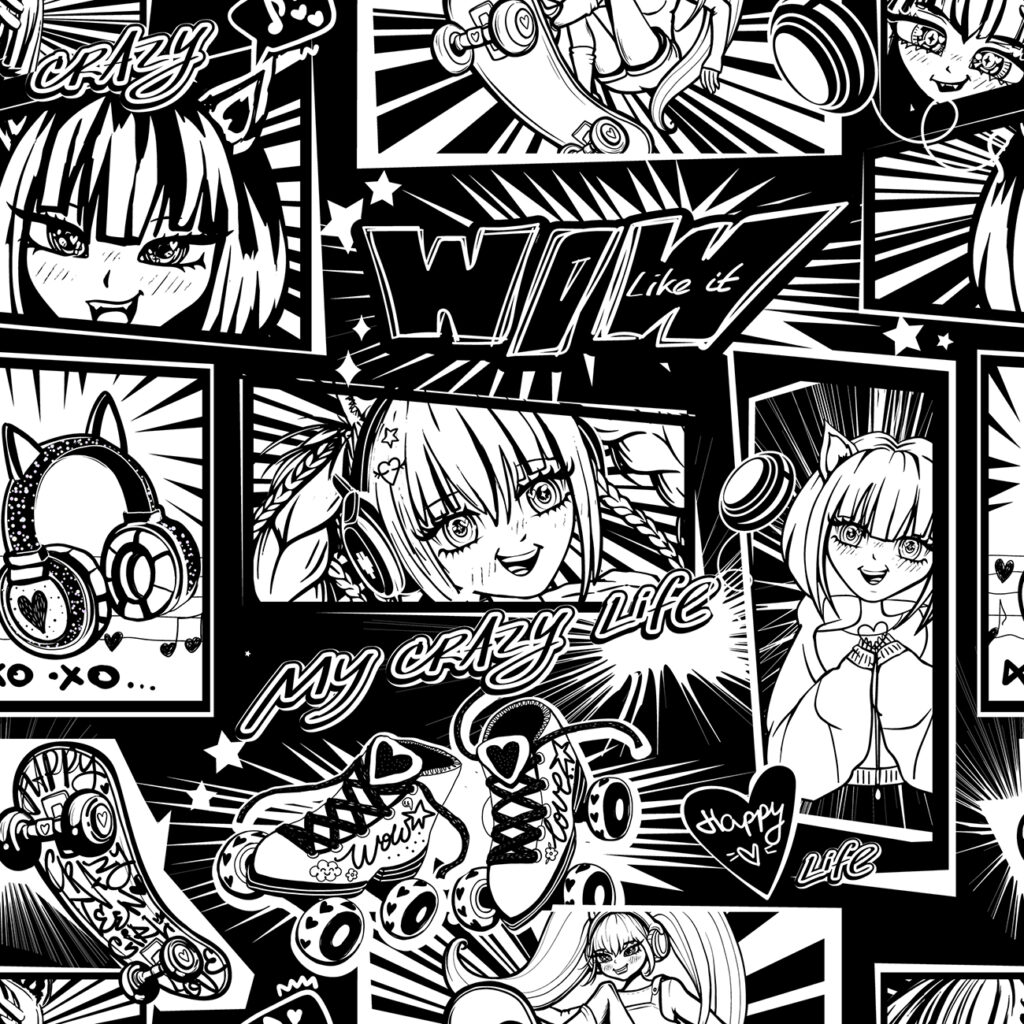 Anime girl seamless pattern with street art style wording, headphones with cat ears, rollers skates, skateboards, comic boards. Black and white girlish comics repeat print. Asian girlish ornament
